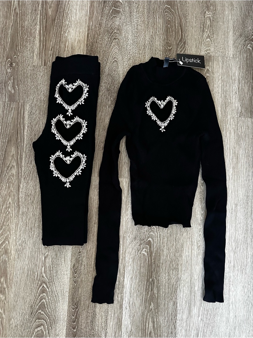 Women's Lipstick Ribbed Heart Rhinestone Pajama Set - Black - S